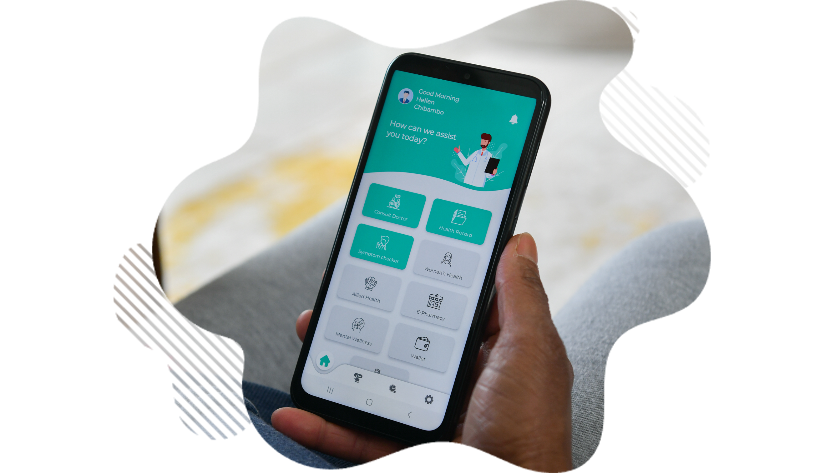 An image of the mypockethealth mobile application being held in a females hand.
